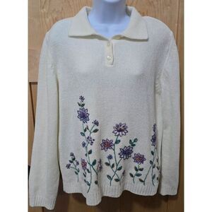 Vintage Alfred Dunner Ivory Floral Embroidered Pullover Sweater With Long Sleeve